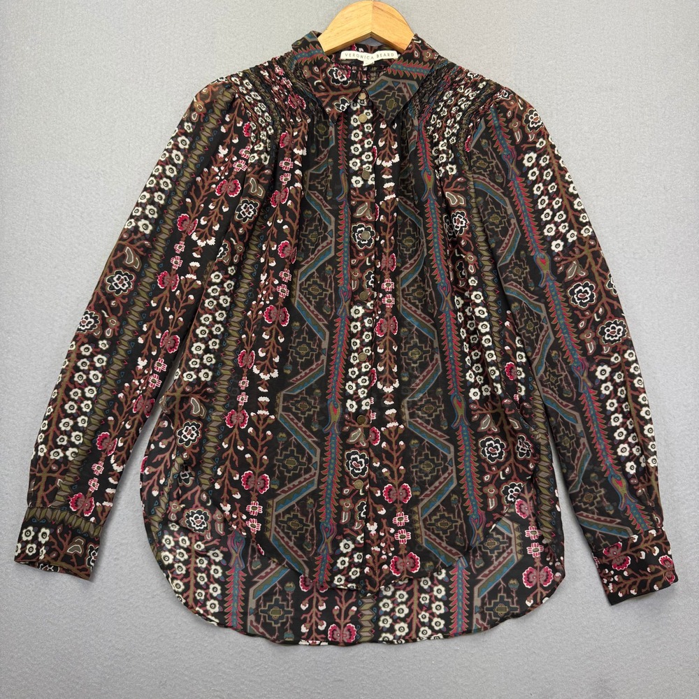 Veronica Beard Smocked Shoulder Boho Blouse Black Floral Paisley Size 4 10295